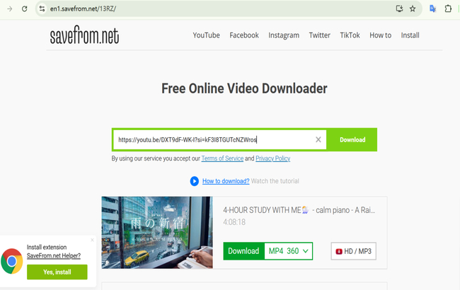 Page display of downloading youtube videos using SaveFrom.net