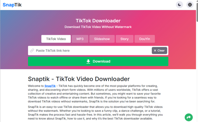 Alt: SnapTik official website page