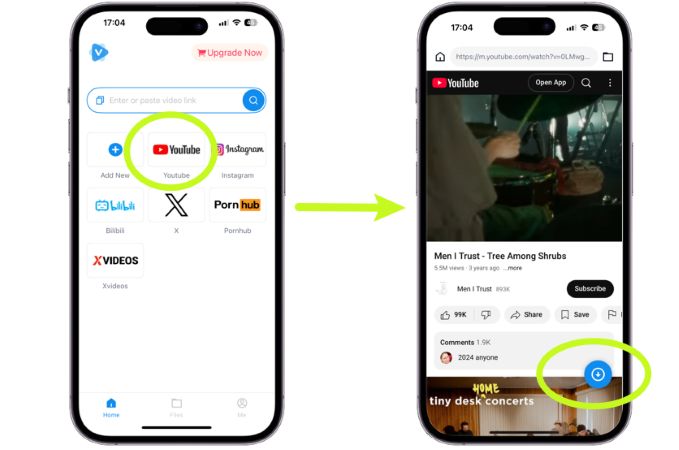Vsave Search Online tab with YouTube card