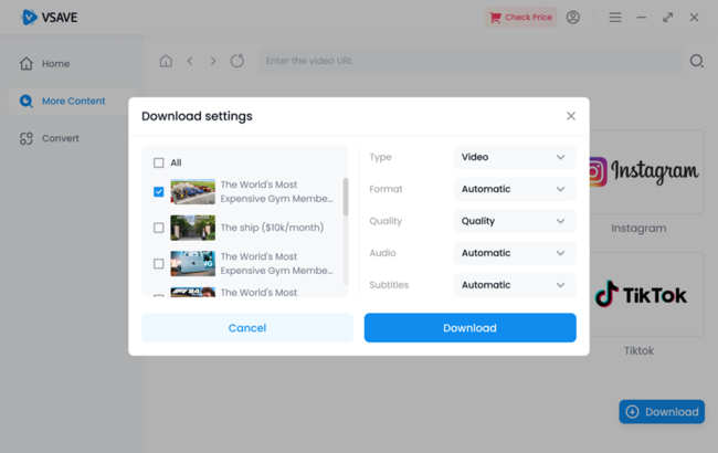 choose quality & format for video downloading