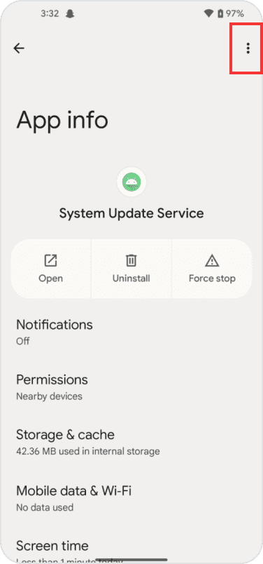 Go <b>Setting > Apps > System Update Service</b> on your child's phone, click the 3 dots on the top