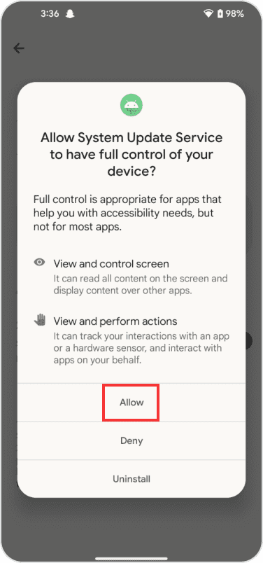 On <b>System Update Service</b> pop-up window and <b>click Allow</b>